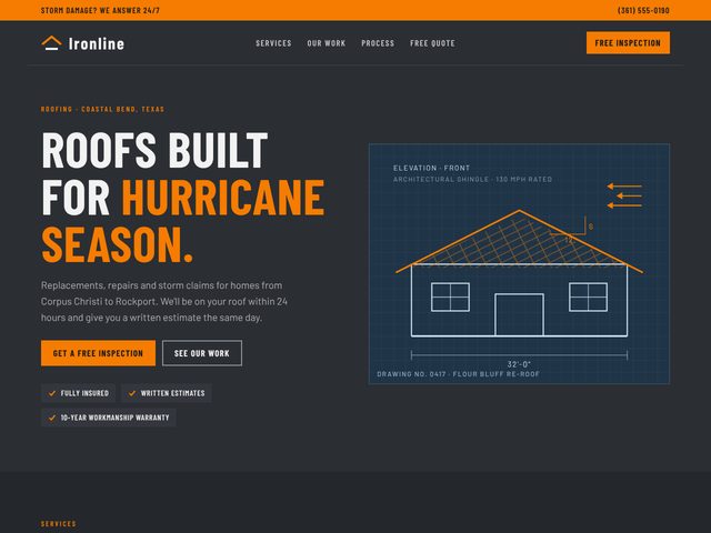 Ironline Roofing home page with a blueprint roof drawing