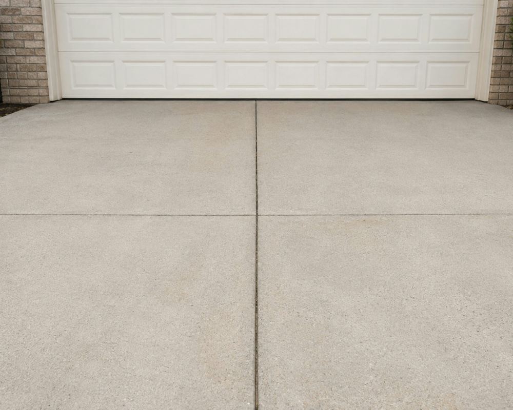 Clean driveway with control joints in front of a white garage door