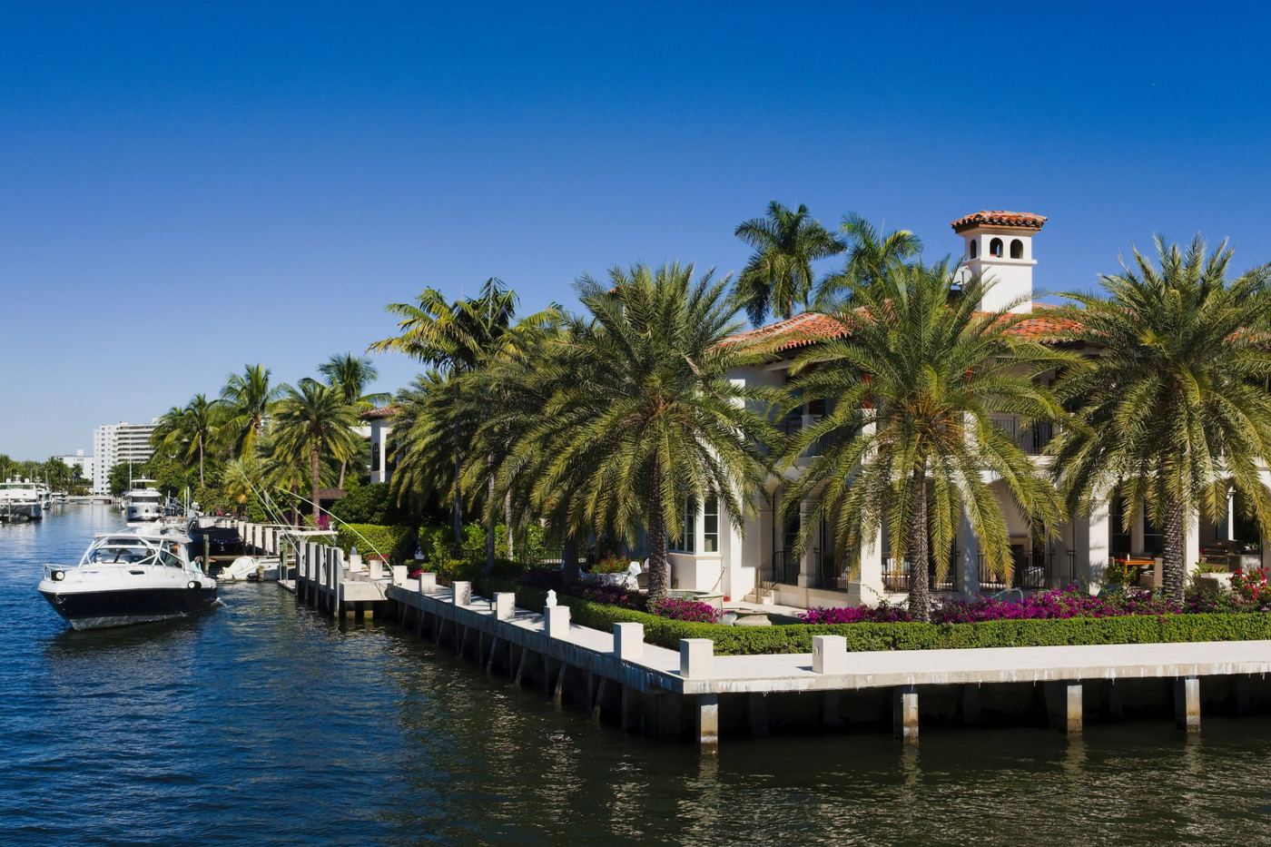White Spanish-style villa with a tile roof behind a row of palms on the water
