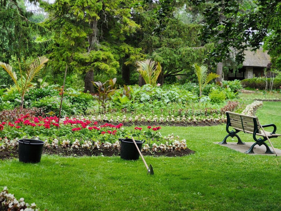 Fresh flower beds edged into a green lawn