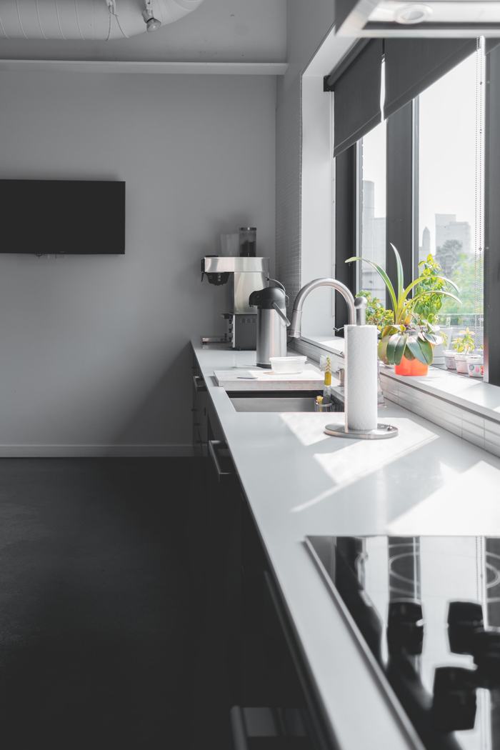 Sunlit counter wiped down by the window, with plants on the sill